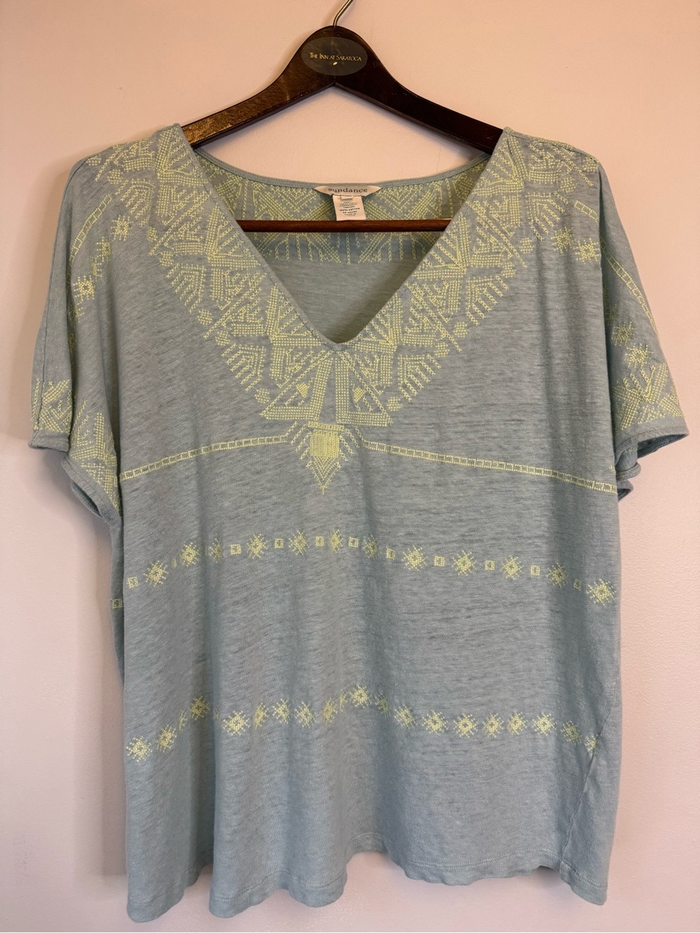Sundance 100% Linen Pale Blue Embroidered V-Neck Women’s Top